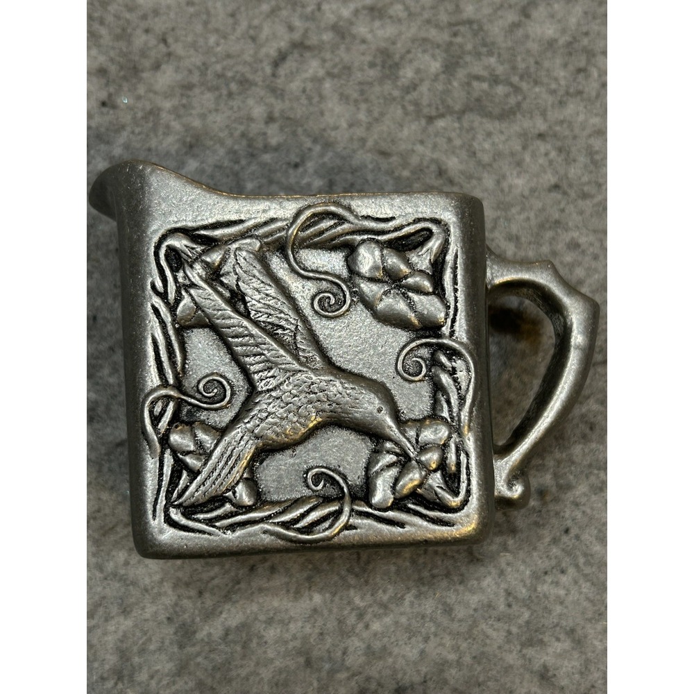 RARE VINTAGE PEWTER ENGRAVED HUMMINGBIRDS FLOWERS CREAMER pitcher base metal